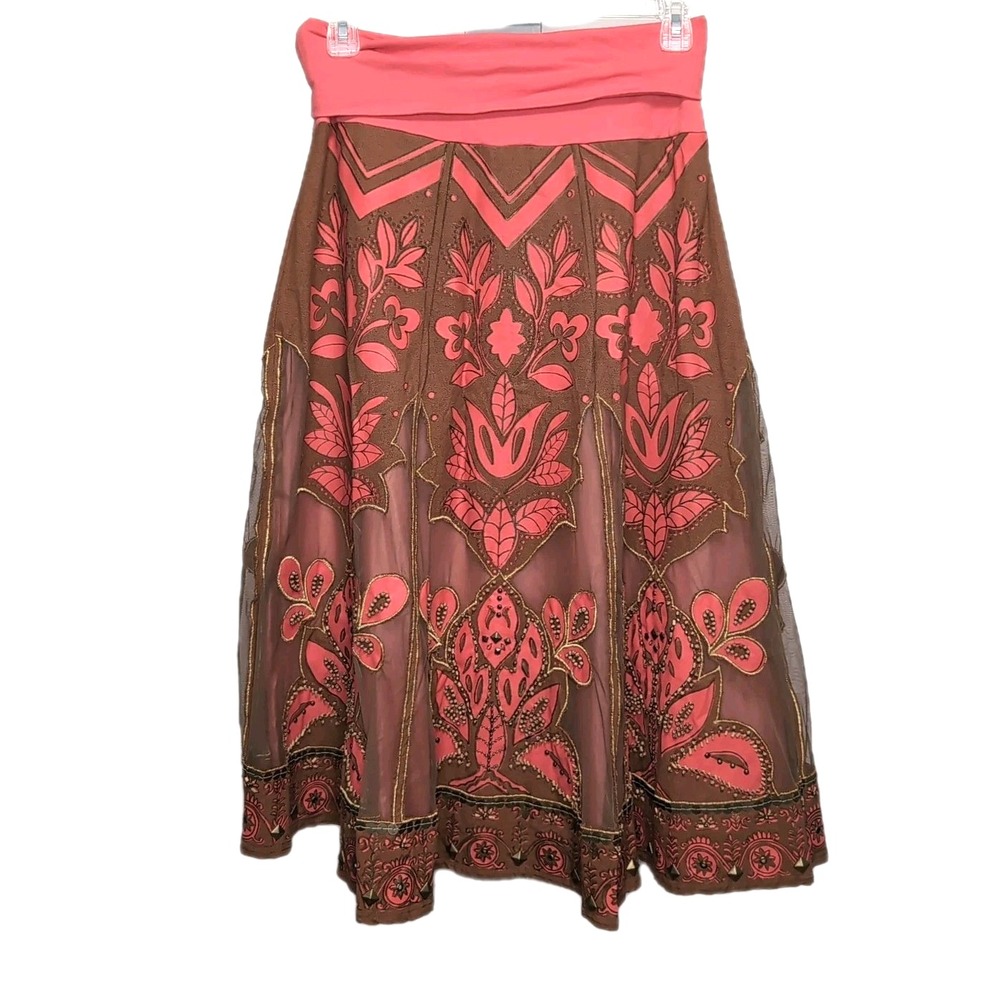 Basil & Maude A-Line Skirt Size 4 Coral Brown Embroidered Beaded Mesh Lined READ - Picture 3 of 16